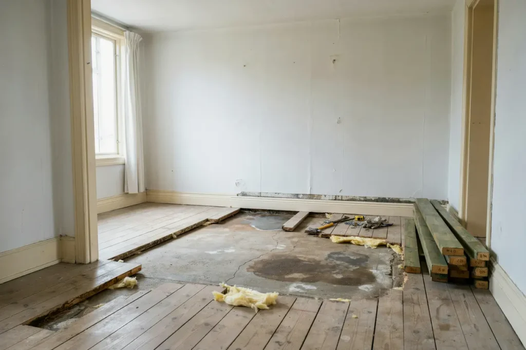 tg rda lukt och fuktskadat uppreglat golv p betongplatta